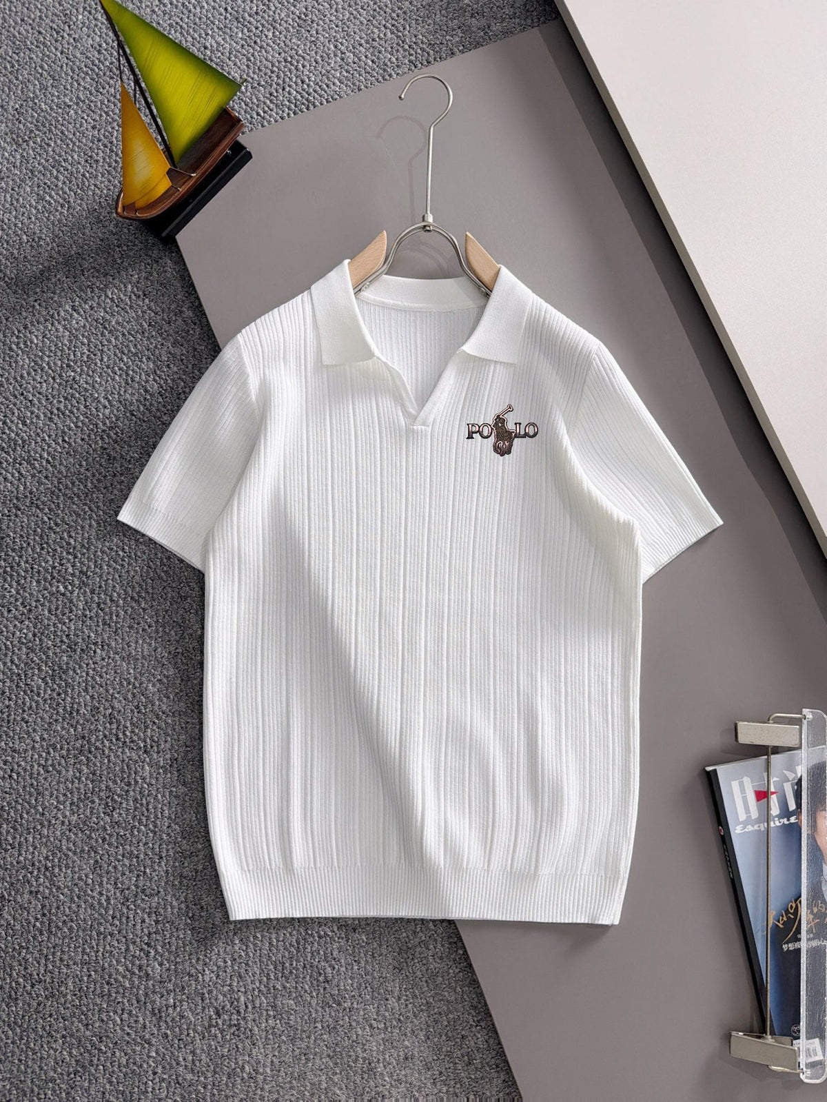 Men's Vertical Ribbed Knit Short‑Sleeve Polo Shirt Open V‑Collar Chest Embroidery Top