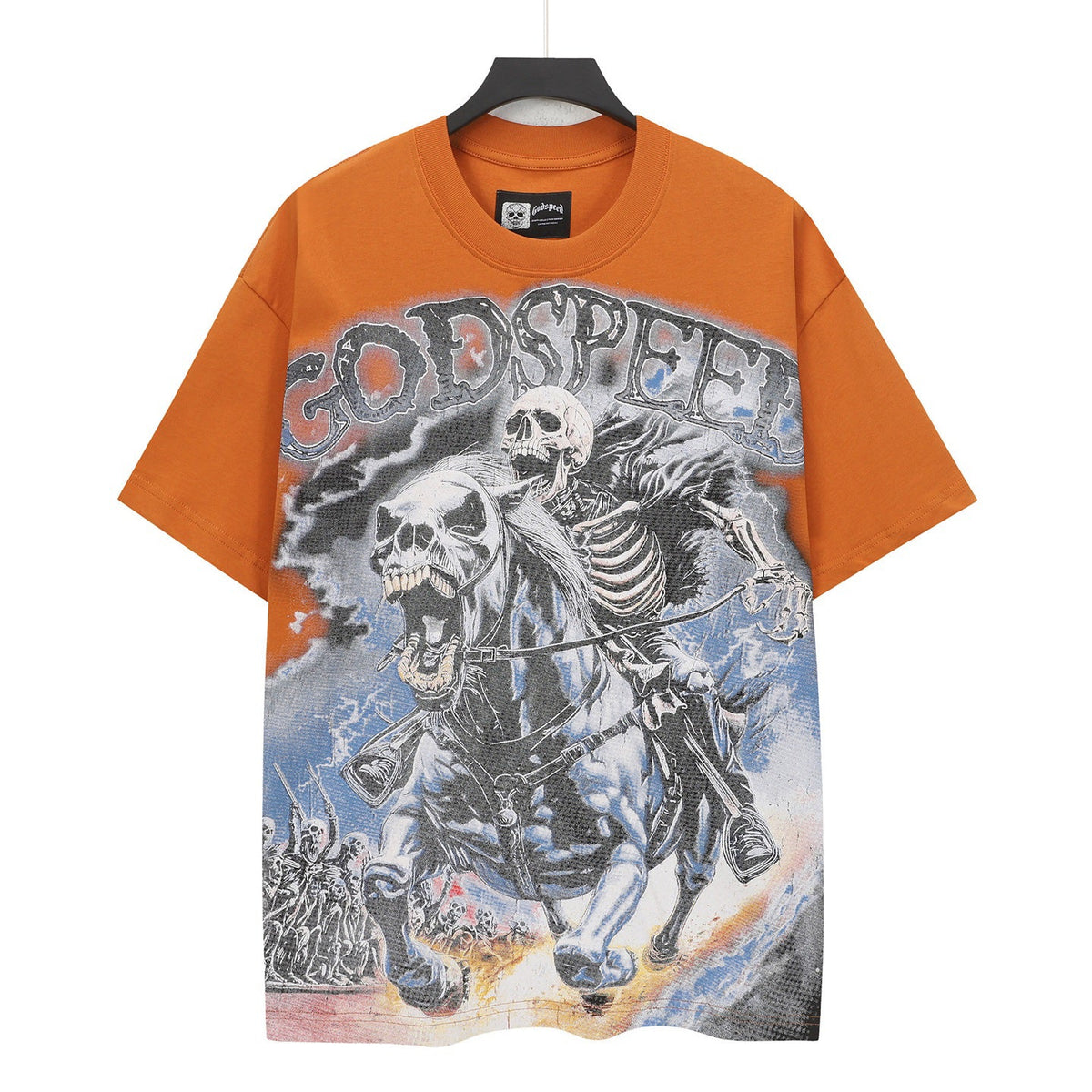 Godspeed Skeleton Horseman Vintage Short‑Sleeve Tee (Orange)